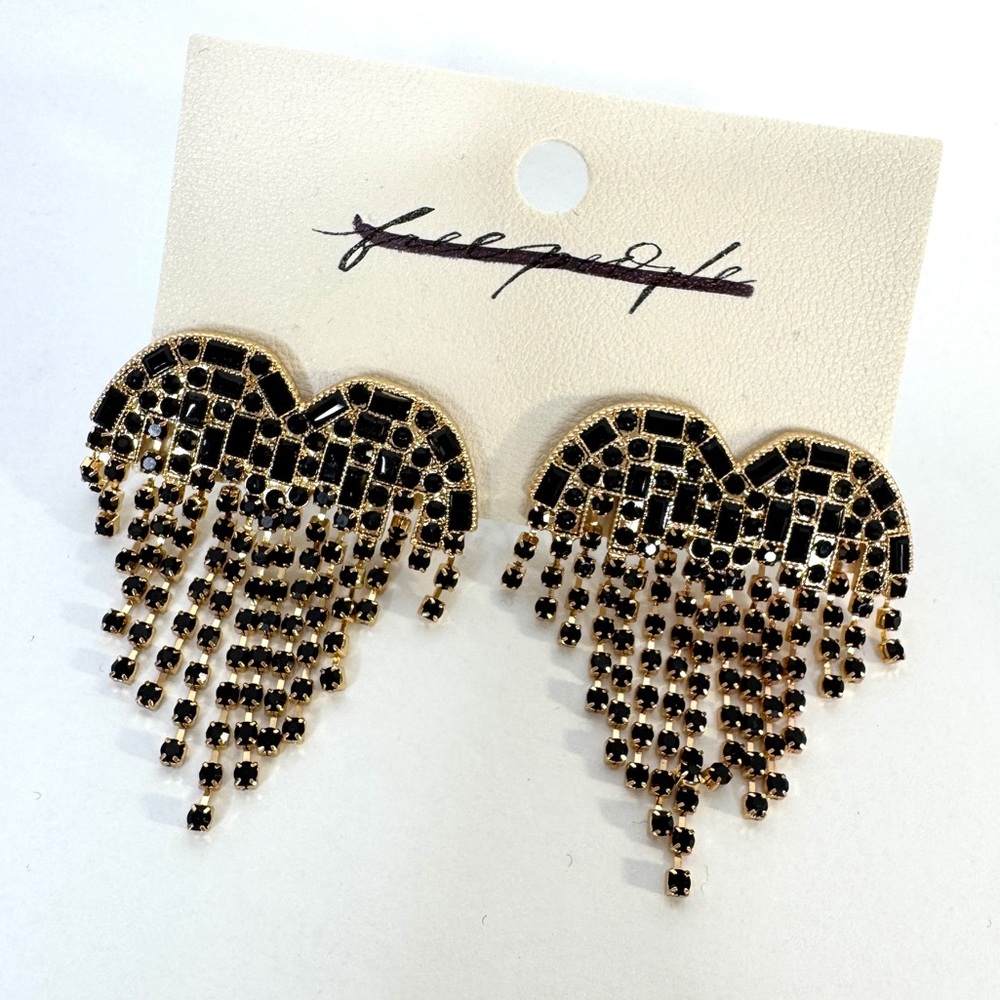 FREE PEOPLE Hearts On Fire NEW Gold Black Dangle Earrings